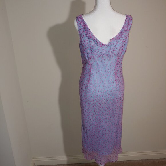 Alice & Trixie 100% Silk Floral Ruffle V-Neck Tie up Front Midi Dress Sz L Blue - Picture 6 of 8